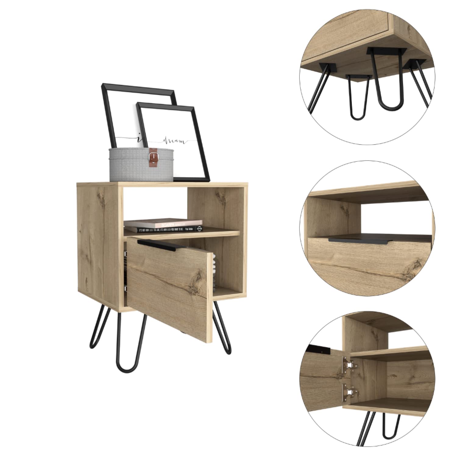 Nightstand 22&Quot; H, 1 Open Shelf, Single Door Cabient, Hairpin Legs, Light Oak